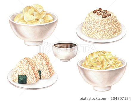 A set of Japanese dishes. Watercolor illustration. Onigiri, rice, pickled daikon, fermented cabbage, soy sauce. Clip art isolated on a white background. To restaurant menu designs, recipes 104897124