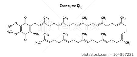 Coenzyme Q10 molecular structure. Coenzyme Q10, ubiquinone or CoQ10, is a organic vitamin-like compound important for cardiovascular, brain and dental health, fertility, physical perfromance. .Vector Coenzyme Q10 molecular structure. Coenzyme Q10, ubiquinone or CoQ10, is a organic vitamin-like compound important for cardiovascular, brain and dental health, fertility, physical perfromance. .Vector 104897221