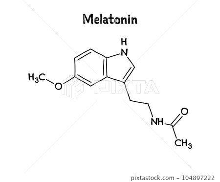 Melatonin molecular structure. Melatonin is a hormone controlling sleep-wake cycle. .Vector structural formula of chemical compound. Black pen Hand-drawn style. 104897222