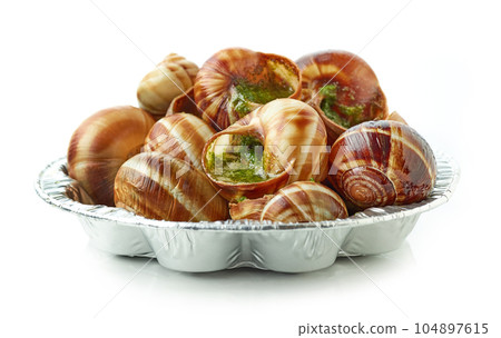plate of baked escargot snails filled with parsley and garlic butter plate of baked escargot snails filled with parsley and garlic butter 104897615