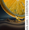 Juicy slice of orange with water drops on black backgroundJuicy slice of orange with water drops on black background 104897694
