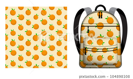 Children school backpack decorated seamless pattern with whole orange and leaves. Vector ornament for design of posters and printing on textile Children school backpack decorated seamless pattern with whole orange and leaves. Vector ornament for design of posters and printing on textile 104898108