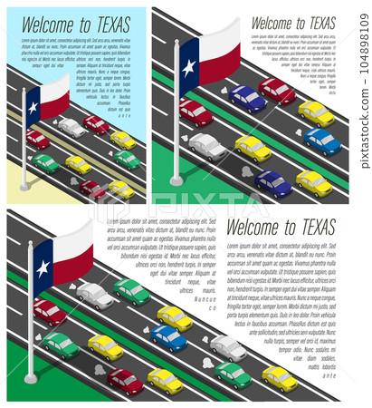Isometric flag of US state of Texas on flagpole fluttering in wind. Crossing of Texas border by car travels. Set of information horizontal, square and vertical vector banner, templates for printing Isometric flag of US state of Texas on flagpole fluttering in wind. Crossing of Texas border by car travels. Set of information horizontal, square and vertical vector banner, templates for printing 104898109