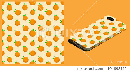 Modern smartphone in unique case decorated seamless pattern with whole orange and leaves. Isometric top view. Vector ornament for design of posters and accessory Modern smartphone in unique case decorated seamless pattern with whole orange and leaves. Isometric top view. Vector ornament for design of posters and accessory 104898111