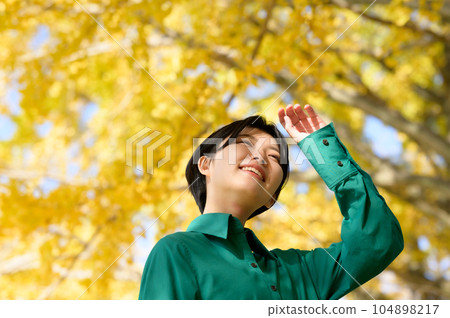 A woman enjoying the autumn leaves of ginkgo trees A woman enjoying the autumn leaves of ginkgo trees 104898217