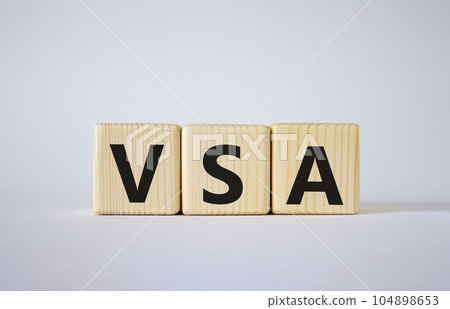 VSA - Volume Spread Analysis symbol. Wooden cubes with word VSA. Beautiful white background. Business and Volume Spread Analysis concept. Copy space. VSA - Volume Spread Analysis symbol. Wooden cubes with word VSA. Beautiful white background. Business and Volume Spread Analysis concept. Copy space. 104898653