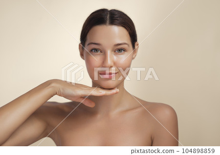 Young Asian Beauty Woman with Korean Makeup Style Touch Her Face and Perfect Skin Young Asian Beauty Woman with Korean Makeup Style Touch Her Face and Perfect Skin 104898859