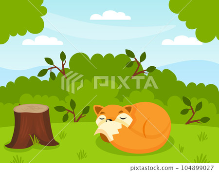 Cute Red Fox Animal with Bushy Tail Lying on Green Grass in Forest Vector Illustration Cute Red Fox Animal with Bushy Tail Lying on Green Grass in Forest Vector Illustration 104899027