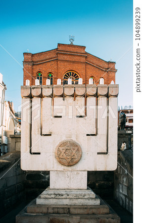 Large Hanukkah Menorah At Entrance To Great Synagogue Of Tbilisi Great Synagogue In Tbilisi, Also Sephardic, Or Synagogue Of Jews From Akhaltsikhe - Main Synagogue Of Jewish Community In City. Great 104899239