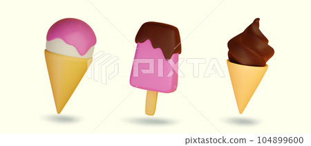 Set of cartoon ice cream in waffle cones and on stick, vector 3d illustration Set of cartoon ice cream in waffle cones and on stick, vector 3d illustration 104899600