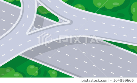 Top view of empty highway junction. Road interchange or highway intersection. vector illustration Top view of empty highway junction. Road interchange or highway intersection. vector illustration 104899666
