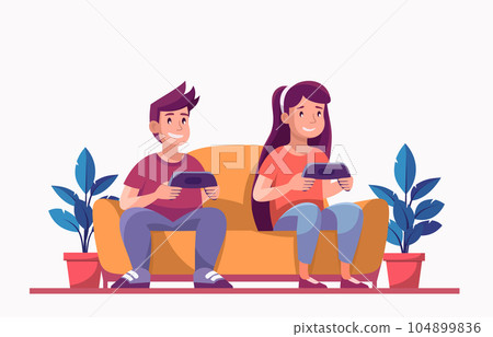 Boy and girl kids sit on sofa playing console video game together holding controllers. Gamers children. Entertainment and leisure. Flat vector gaming illustration Boy and girl kids sit on sofa playing console video game together holding controllers. Gamers children. Entertainment and leisure. Flat vector gaming illustration 104899836