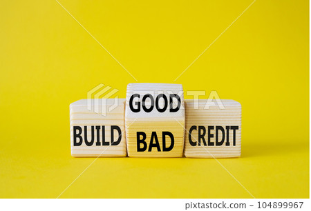 Build Good or Bad Credit symbol. Wooden cubes with words Build Bad Credit vs Build good credit. Beautiful yellow background. Business concept. Copy space Build Good or Bad Credit symbol. Wooden cubes with words Build Bad Credit vs Build good credit. Beautiful yellow background. Business concept. Copy space 104899967