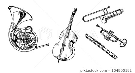 Set of french horn brass, trumpet, tuba musical instruments vector illustration isolated. Double horn, contrabass, pipe, clarinet silhouette ink hand drawn. Element for design postcard, brochure 104900191