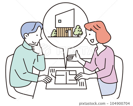 一對年輕夫婦正在討論他們的新家 一對年輕夫婦正在討論他們的新家 104900704