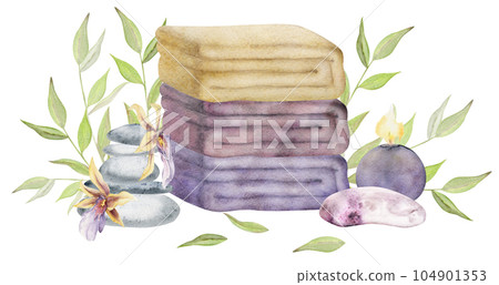 Hand drawn watercolor spa skincare towels bath beauty products package. Horizontal composition. Isolated on white background. Design for wall art, wellness resort, print, fabric, cover, card, booklet. 104901353