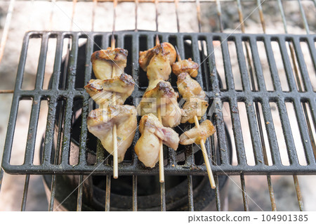 [Solo camping at an auto campsite, grilling yakitori on a bonfire] 104901385
