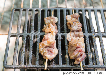 [Solo camping at an auto campground Grilling yakitori short ribs over an open fire] 104901386