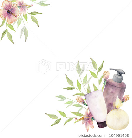 Hand drawn watercolor spa skincare bath beauty products package with flowers and leaves. Frame border. Isolated on white background. Design for wellness resort, print, fabric, cover, card, booklet. 104901408