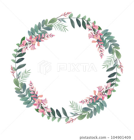 Hand drawn watercolor indigo flower and leaves natural plant dye and hobby materials. Botanical illustration isolated circle wreath, white background. Shop logo, print, website, business card, booklet Hand drawn watercolor indigo flower and leaves natural plant dye and hobby materials. Botanical illustration isolated circle wreath, white background. Shop logo, print, website, business card, booklet 104901409