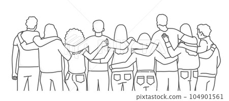 Back view of men and women standing together, embracing each other. 104901561