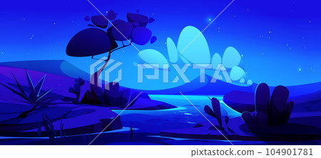 Night desert landscape with river in valley 104901781