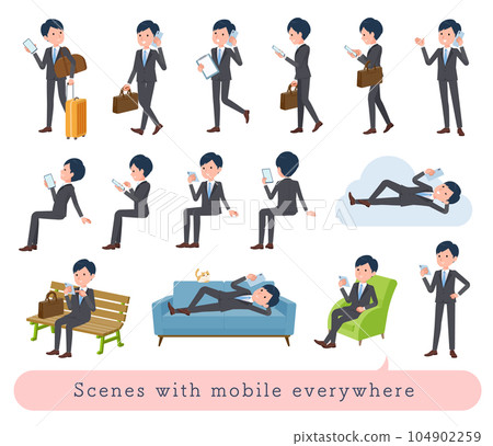 一組在各種場景中使用智能手機的商務男士 一組在各種場景中使用智能手機的商務男士 104902259