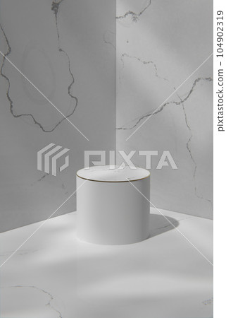 Gray tone marble wall and podium in a sunny room. Gray tone marble wall and podium in a sunny room. 104902319