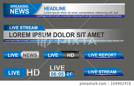 Broadcast News Lower Thirds Template layout blue grey set collection design banner for bar Headline news title, sport game in Television, Video and Media Channel vector 104902478