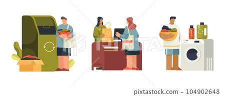 Using of eco products, vector cliparts set. 104902648