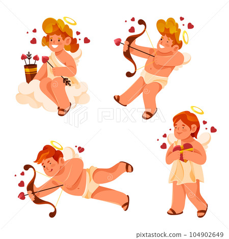 Cartoon cupids set, vector isolated icons. Cartoon cupids set, vector isolated icons. 104902649