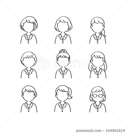 Icon set: Medical worker in a white coat working in a medical field (female front view / upper body / hand-drawn black line with main line / no expression) 104902819