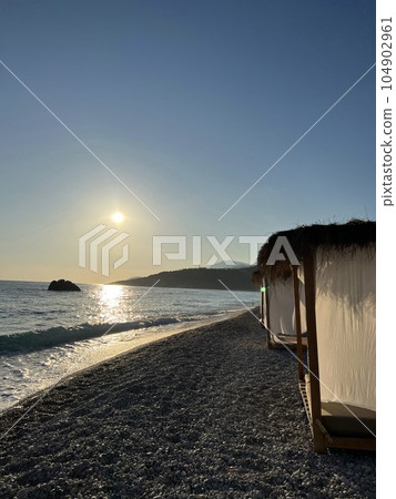White beach canopies. Luxury beach tents at a resort. Beach concept 104902961