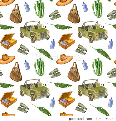 seamless pattern on the theme of travel to Africa. Open top car, palm twigs, cactus, travel bag, sunhat. All elements are hand-drawn in watercolor on a white background. for printing on fabric, paper 104903098