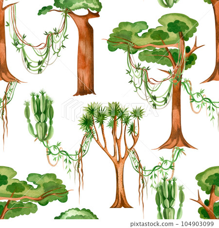 Seamless pattern, savanna trees with green crowns and brown trunks of baobab, acacia painted in watercolor on a white background. Suitable for printing on fabric and paper, for scrapbooking 104903099