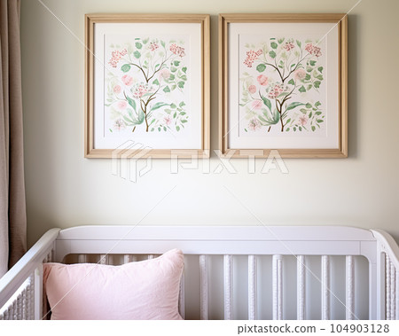 Nursery wall art, home decor and framed art in the English country cottage interior, room for diy printable artwork mockup and print shop 104903128