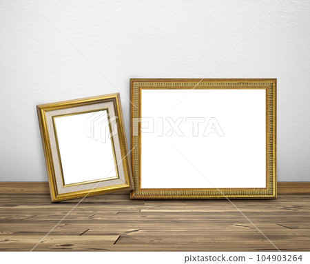 Golden picture frame in room white walls and wooden floors 104903264