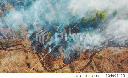 Aerial View. Spring Dry Grass Burns During Drought Hot Weather. Bush Fire And Smoke In Deforestation Zone. Wild Open Fire Destroys Grass. Nature In Danger. Ecological Problem Air Pollution 104903413