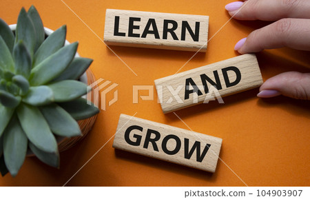 Learn and grow symbol. Concept words 'Learn and grow' on wooden blocks. Beautiful orange background. Businessman hand. Business and Learn and grow concept. Copy space. 104903907
