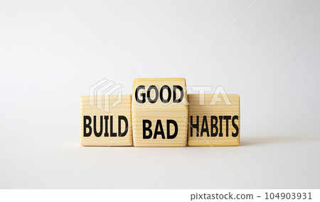 Build Good or Bad Habits symbol. Wooden cubes with words Build Bad Habits vs Build good Habits. Beautiful white background. Business concept. Copy space Build Good or Bad Habits symbol. Wooden cubes with words Build Bad Habits vs Build good Habits. Beautiful white background. Business concept. Copy space 104903931