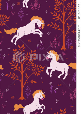 Seamless pattern with unicorns in a magical forest. Vector graphics. 104904866