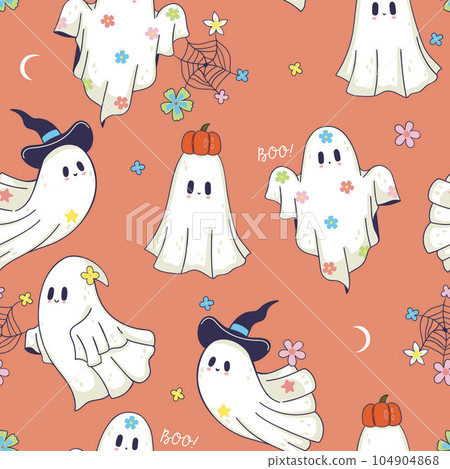 Seamless pattern with magical cute happy ghosts. Vector graphics. 104904868
