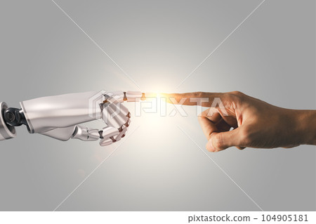 Business man and robot hand touching with flare light. AI artificial intelligence concept, big data, science, innovation technology, cloud computing, futuristic, internet network communication 104905181
