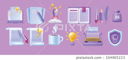 3D write author vector icon set, laptop article, creative story content sign, book paper document.  104905223