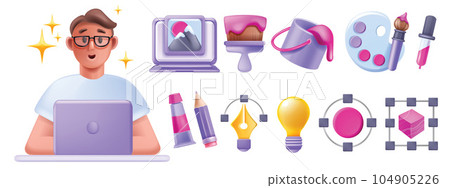 3D design icon set, vector freelancer male character with laptop, creative customise project bulb.  104905226
