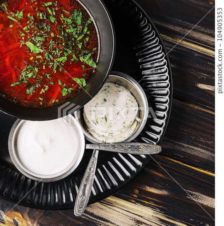 Ukrainian cuisine - borscht with sour cream Ukrainian cuisine - borscht with sour cream 104905353