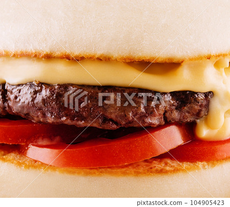 hamburger with tomatoes and melted cheese hamburger with tomatoes and melted cheese 104905423