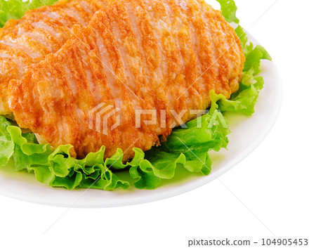 Fried chicken chop on white plate 104905453