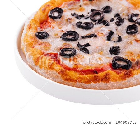 mini pizza with olives and cheese on plate mini pizza with olives and cheese on plate 104905712