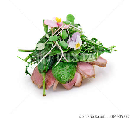 gourmet duck breast filet with basil salad 104905752